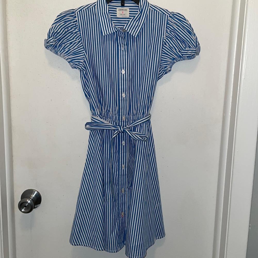 Crewcuts girls blue & white striped dress size 8 NWT- ties at waist- lined
